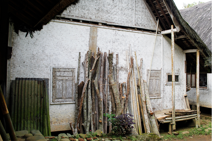 Tumpukan kayu di belakang rumah adat